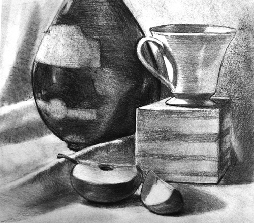 charcoal drawing of wine bottle, apple and tea cup on table top