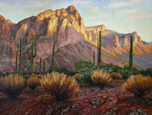 Oil painting of Senora Desert, Cliffs and Saguaros by evening light. Painted by Kevin McCain