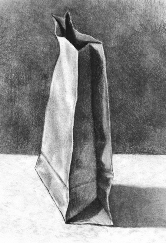 Charcoal drawing of a paper bag on a table. By the artist Kevin McCain