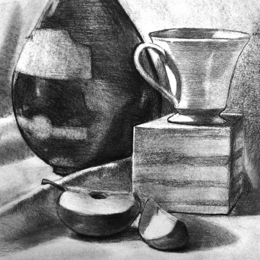Charcoal drawing of still life with bottle
