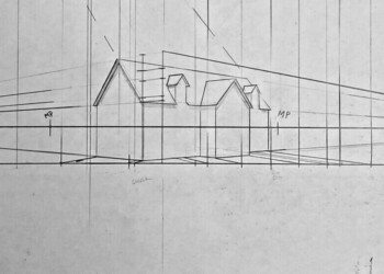Perspective drawing of a house using plan projection.
