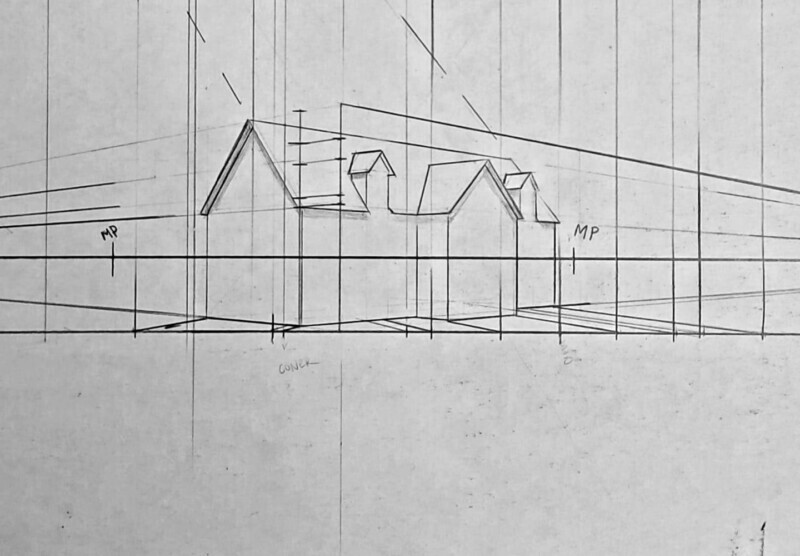 Perspective drawing of a house using plan projection.