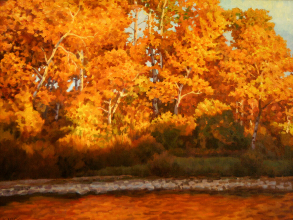 painting of boise river in fall at sunset