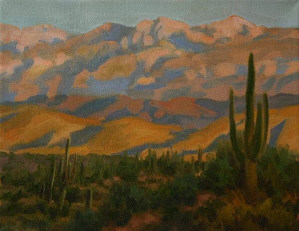 Small works holiday show Plein Air Impressionist painting of Four Peak Mountains at sunset in Mesa Arizona by Fine artist Kevin McCain