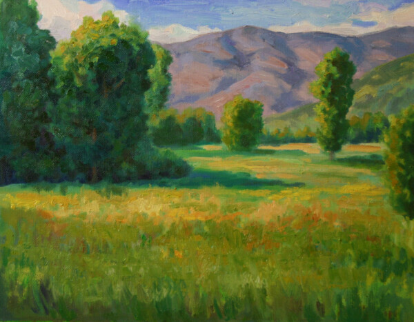 Small works holiday show Plein Air Impressionist painting of Meadow Trees and mountains in Idaho by Fine artist Kevin McCain