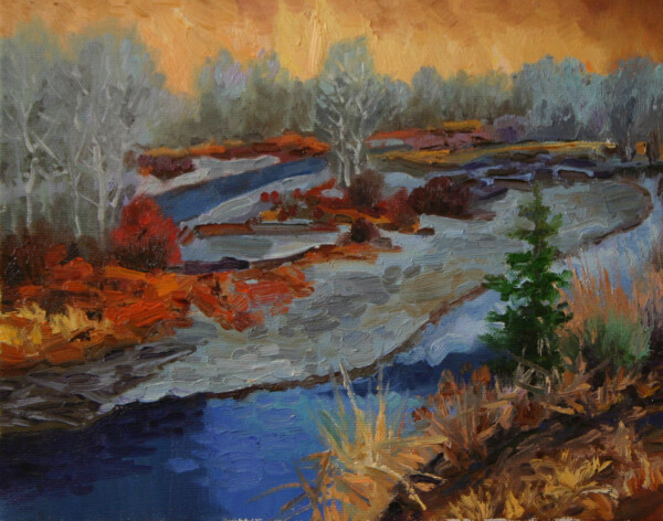 Small works holiday show Plein Air Impressionist painting of Wood River by Evening Light Hailey Idaho by Fine artist Kevin McCain