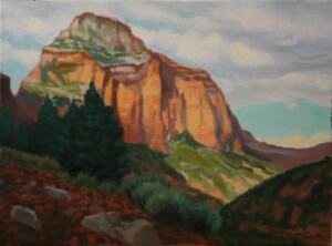 Small works holiday show Plein Air Impressionist painting of Zion's National Park at Sunset in Utah by Fine artist Kevin McCain