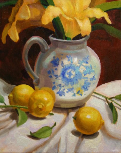 oil painting of lemons and lillie