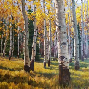 painting of aspen trees. In a clearing in fall in the late afternoon
