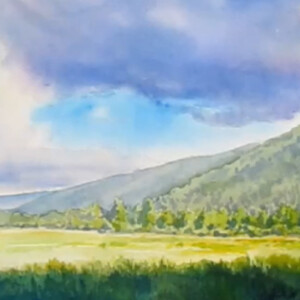 watercolor painting of cloudy sky over mountain meadow