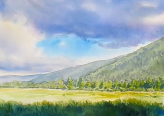 watercolor painting of cloudy sky over mountain meadow