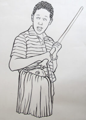 ink drawing of a boy with a mop.