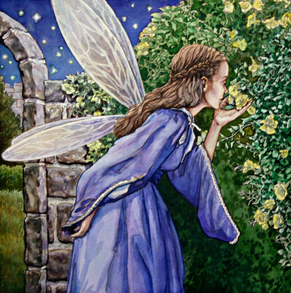 Watercolor painting of a Fairy in a moonlit garden . Smelling the roses.