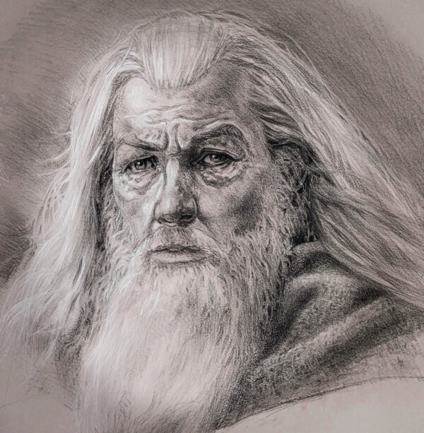 Drawing of an old man in charcoal.