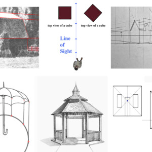 drawing of building and objects using perspective.