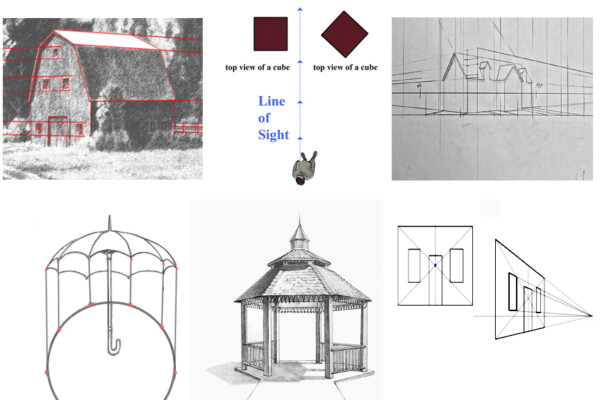 drawing of building and objects using perspective.