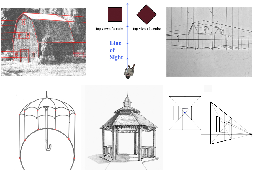 drawing of building and objects using perspective.