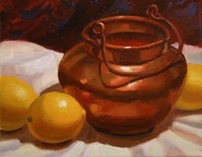 painting of copper pot and lemons