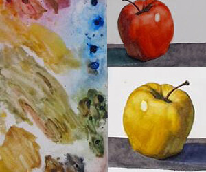 ad showing two apples painted in watercolor and a watercolor paint palette.