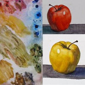 ad showing two apples painted in watercolor and a watercolor paint palette.