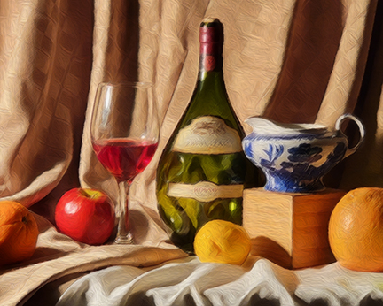 painting of still life in oil of fruit and wine bottle.