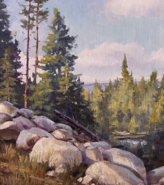 A painting of Pines and rocky hillside by the artist Kevin McCain.