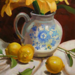 Oil painting of yellow lilies and lemons on a table by the artist Kevin McCain.