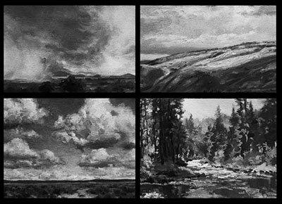 Black and White paintings of Idaho landscapes by the artist Kevin McCain.